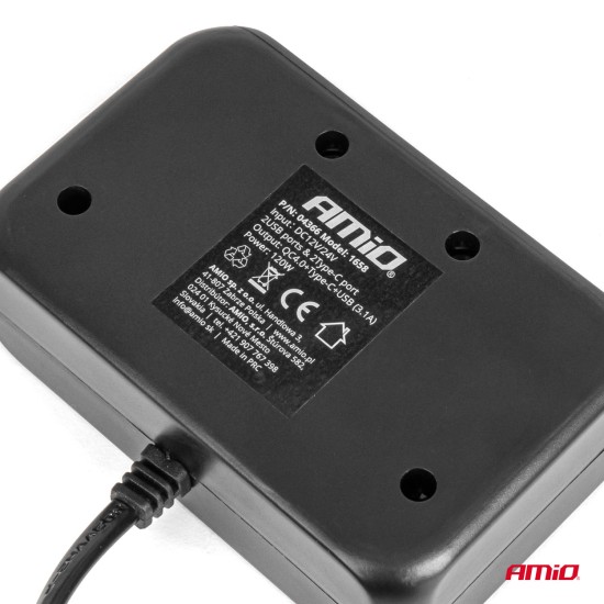 Amio - ΑΝΤΑΠΤΟΡΑΣ ΑΝΑΠΤΗΡΑ 12/24V 120W ΨΗΦΙΑΚΟΣ ΜΑΥΡΟΣ/3 ΘΕΣΕΙΣ/2xUSB-A + 1xUSB-C QC 4.0 ΜΕ ΚΑΛΩΔΙΟ 80cm - 1 Τεμ. (04366/AM)