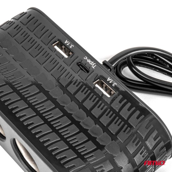 Amio - ΑΝΤΑΠΤΟΡΑΣ ΑΝΑΠΤΗΡΑ 12/24V 120W ΜΑΥΡΟΣ - 4 ΘΕΣΕΙΣ - 2xUSB-A + 1xUSB-C - ΚΑΛΩΔΙΟ 80cm - 1 Τεμ. (04367/AM)