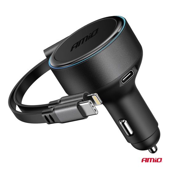 Amio - ΦΟΡΤΙΣΤΗΣ ΑΝΑΠΤΗΡΑ 12/24V ΜΕ 1ΘΥΡΑ USB-C 60W ΤΑΧΕΙΑΣ ΦΟΡΤΙΣΗΣ ΜΕ ΕΝΣΩΜΑΤΩΜΕΝΟ ΚΑΛΩΔΙΟ USB C+APPLE LIGHTING - 1 Τεμ. (04370/AM)