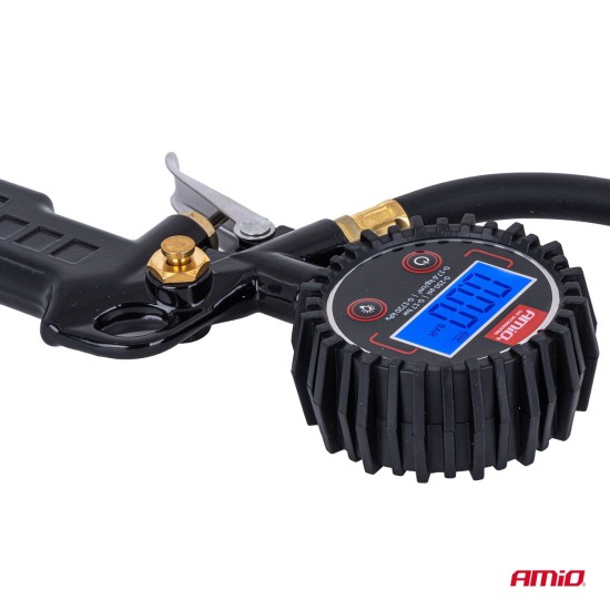 Amio - Επαγγελματικό αερόμετρο φουσκώματος με ψηφιακό μανόμετρο 17 bar – Οθόνη LCD βαλβίδα εκτόνωσης σωλήνας 30cm - 1 τεμ. (04466/AM)
