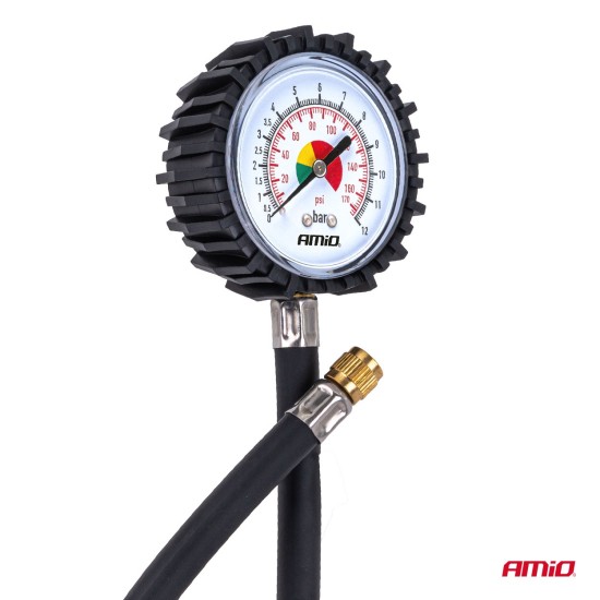 Amio - Επαγγελματικό μηχανικό μανόμετρο πίεσης ελαστικών 12 bar με εύκαμπτο σωλήνα 30cm Αναλογικό - 1 τεμ. (04468/AM)