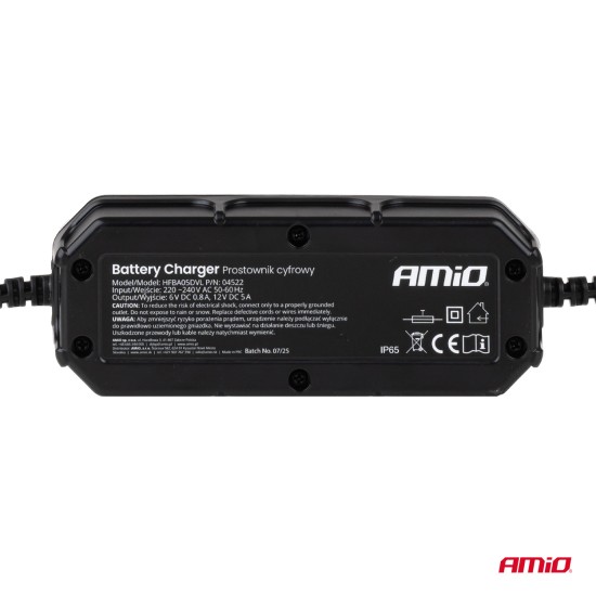 Amio - Φορτιστής Μπαταρίας Ψηφιακός DBC-5A SLA FLP τάση λειτουργίας 6/12V ένταση ρεύματος 5A για Επιβατικά Αυτοκίνητα και Μοτοσυκλέτες - 1 τεμ. (04522/AM)