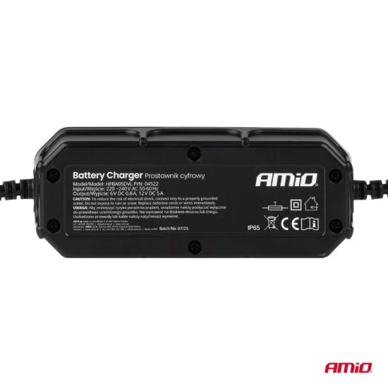 Amio - Φορτιστής Μπαταρίας Ψηφιακός DBC-5A SLA FLP τάση λειτουργίας 6/12V ένταση ρεύματος 5A για Επιβατικά Αυτοκίνητα και Μοτοσυκλέτες - 1 τεμ. (04522/AM)