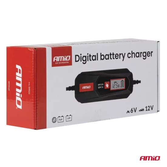 Amio - Φορτιστής Μπαταρίας Ψηφιακός DBC-5A SLA FLP τάση λειτουργίας 6/12V ένταση ρεύματος 5A για Επιβατικά Αυτοκίνητα και Μοτοσυκλέτες - 1 τεμ. (04522/AM)