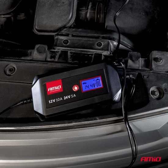 Amio - Φορτιστής Μπαταρίας Ψηφιακός DBC-10A WET AGM GEL τάση λειτουργίας 12/24V ένταση ρεύματος 10A για Επιβατικά Αυτοκίνητα και Φορτηγά - 1 τεμ. (04525/AM)