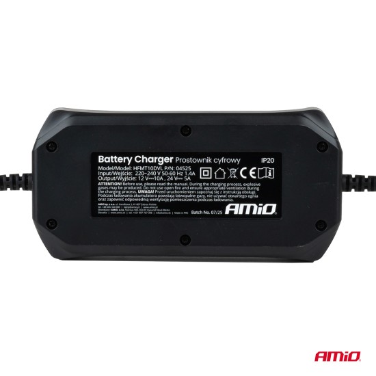 Amio - Φορτιστής Μπαταρίας Ψηφιακός DBC-10A WET AGM GEL τάση λειτουργίας 12/24V ένταση ρεύματος 10A για Επιβατικά Αυτοκίνητα και Φορτηγά - 1 τεμ. (04525/AM)