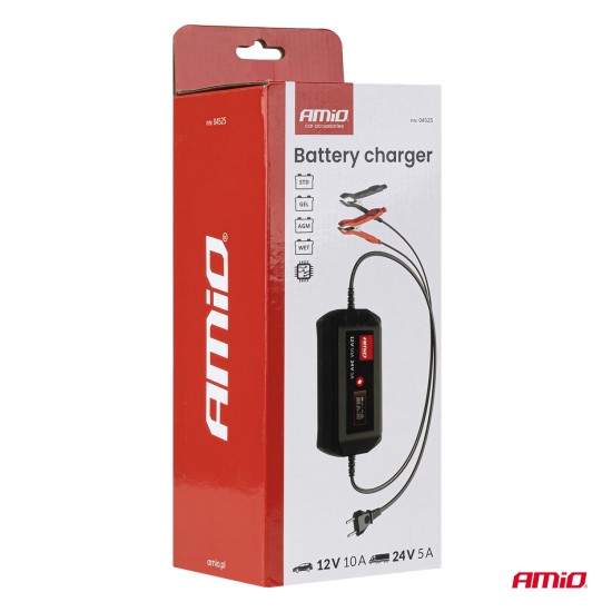 Amio - Φορτιστής Μπαταρίας Ψηφιακός DBC-10A WET AGM GEL τάση λειτουργίας 12/24V ένταση ρεύματος 10A για Επιβατικά Αυτοκίνητα και Φορτηγά - 1 τεμ. (04525/AM)