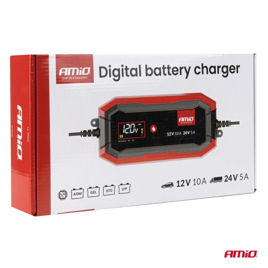 Amio - Φορτιστής Μπαταρίας Ψηφιακός PRO AGM GEL LiFePo4 (LFP) τάση λειτουργίας 12/24V ένταση ρεύματος 10A για Επιβατικά Αυτοκίνητα και Φορτηγά - 1 τεμ. (04228/AM)