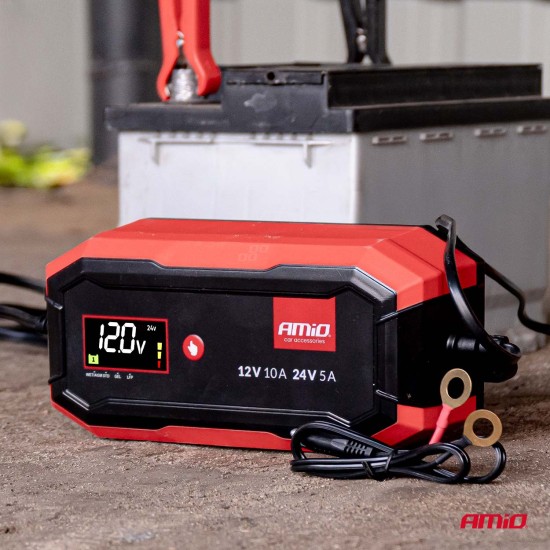 Amio - Φορτιστής Μπαταρίας Ψηφιακός PRO AGM GEL LiFePo4 (LFP) τάση λειτουργίας 12/24V ένταση ρεύματος 10A για Επιβατικά Αυτοκίνητα και Φορτηγά - 1 τεμ. (04228/AM)