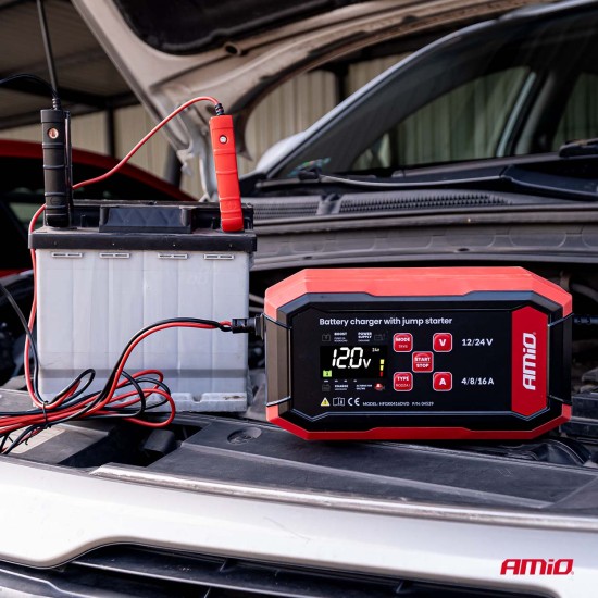 Amio - Ψηφιακός Φορτιστής Μπαταρίας και Συντηρητής τάση λειτουργίας 12/24V τύπου Pro για μπαταρίες AGM, GEL και LiFePo4 (LFP) με μέγιστη ένταση ρεύματος 16A για Επιβατικά Αυτοκίνητα και Σκάφη - 1 τεμ. (04529/AM)