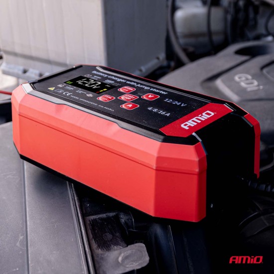 Amio - Ψηφιακός Φορτιστής Μπαταρίας και Συντηρητής τάση λειτουργίας 12/24V τύπου Pro για μπαταρίες AGM, GEL και LiFePo4 (LFP) με μέγιστη ένταση ρεύματος 16A για Επιβατικά Αυτοκίνητα και Σκάφη - 1 τεμ. (04529/AM)