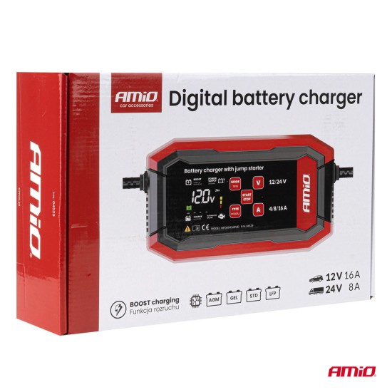 Amio - Ψηφιακός Φορτιστής Μπαταρίας και Συντηρητής τάση λειτουργίας 12/24V τύπου Pro για μπαταρίες AGM, GEL και LiFePo4 (LFP) με μέγιστη ένταση ρεύματος 16A για Επιβατικά Αυτοκίνητα και Σκάφη - 1 τεμ. (04529/AM)