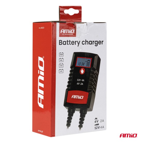 Amio - Φορτιστής Μπαταρίας Ψηφιακός PRO AGM GEL LiFePo4 (LFP) τάση λειτουργίας 6/12V ένταση ρεύματος 4A με γάντζο για Επιβατικά Αυτοκίνητα και Μοτοσυκλέτες - 1 τεμ. (04531/AM)