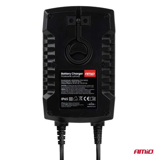 Amio - Φορτιστής Μπαταρίας Ψηφιακός PRO AGM GEL LiFePo4 (LFP) τάση λειτουργίας 6/12V ένταση ρεύματος 6A με γάντζο για Επιβατικά Αυτοκίνητα και Μοτοσυκλέτες - 1 τεμ. (04532/AM)
