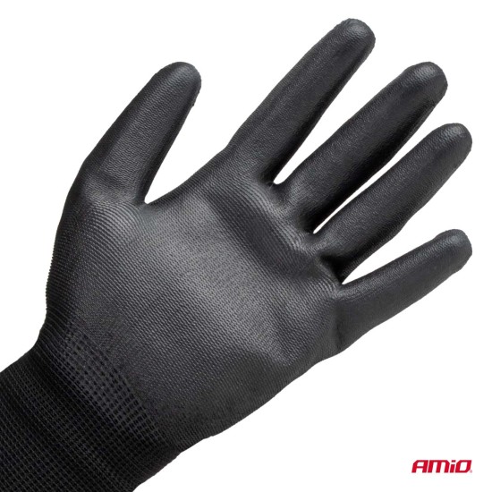 Amio - Γάντια Εργασίας ελαστικά με επικάλυψη πολυουρεθάνης χρώμα μαύρο μέγεθος No.8 - 2 ζευγ. (04631/AM)