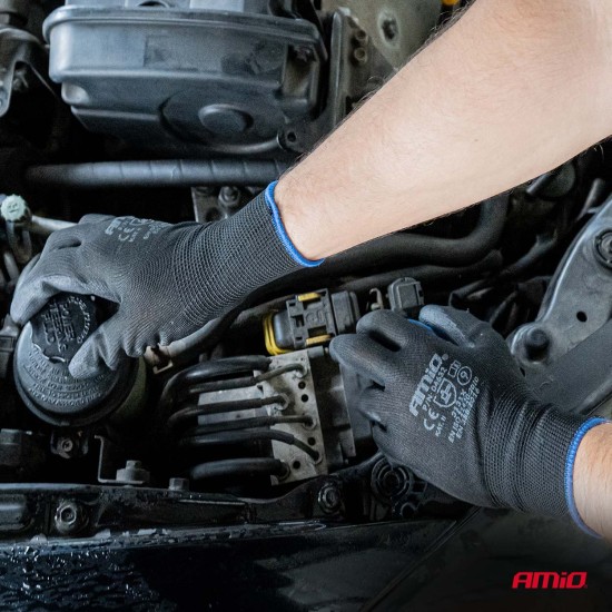 Amio - Γάντια Εργασίας ελαστικά με επικάλυψη πολυουρεθάνης χρώμα μαύρο μέγεθος No.11 - 2 ζευγ. (04634/AM)