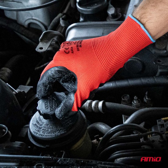 Amio - Γάντια Εργασίας με επικάλυψη λάτεξ χρώμα μαύρο/κόκκινο μέγεθος No.8 - 2 ζευγ. (04635/AM)