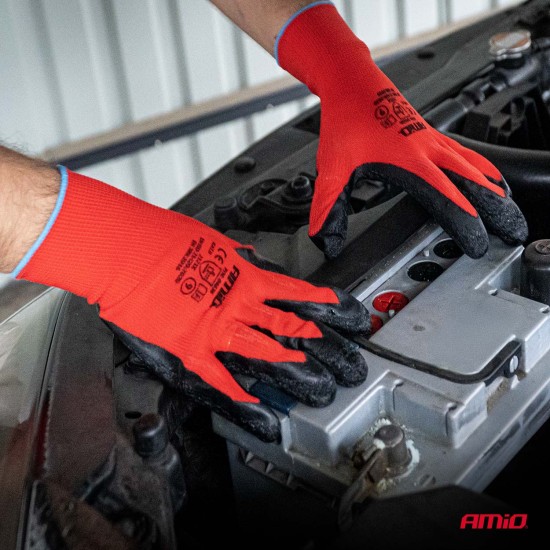 Amio - Γάντια Εργασίας με επικάλυψη λάτεξ χρώμα μαύρο/κόκκινο μέγεθος No.8 - 2 ζευγ. (04635/AM)