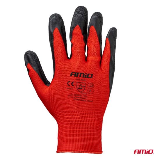 Amio - Γάντια Εργασίας με επικάλυψη λάτεξ χρώμα μαύρο/κόκκινο μέγεθος No.8 - 2 ζευγ. (04635/AM)