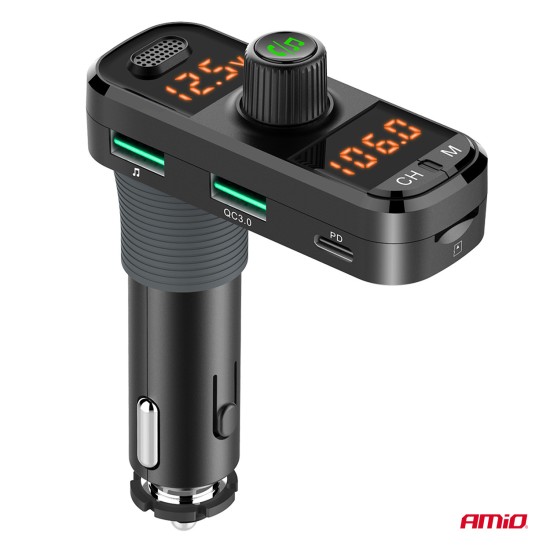Amio - FM Transmitter Αναπτήρα τύπου FMT06 τάση λειτουργίας 12-24V με 2xUSB Type-A, 1xUSB Type-C και υποδοχή microSD για Επιβατικά Αυτοκίνητα και Φορτηγά - 1 τεμ. (04653/AM)