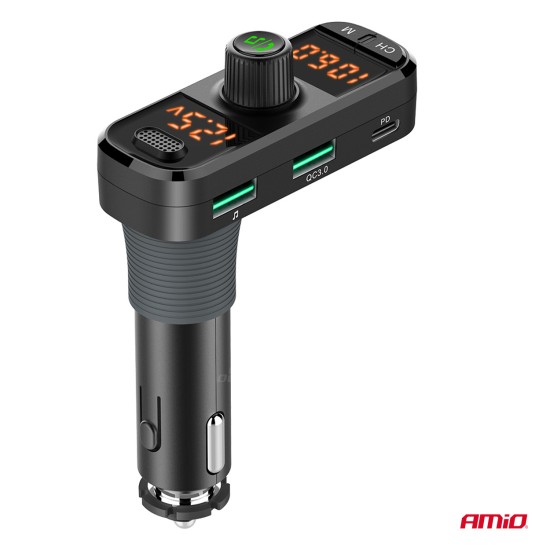 Amio - FM Transmitter Αναπτήρα τύπου FMT06 τάση λειτουργίας 12-24V με 2xUSB Type-A, 1xUSB Type-C και υποδοχή microSD για Επιβατικά Αυτοκίνητα και Φορτηγά - 1 τεμ. (04653/AM)