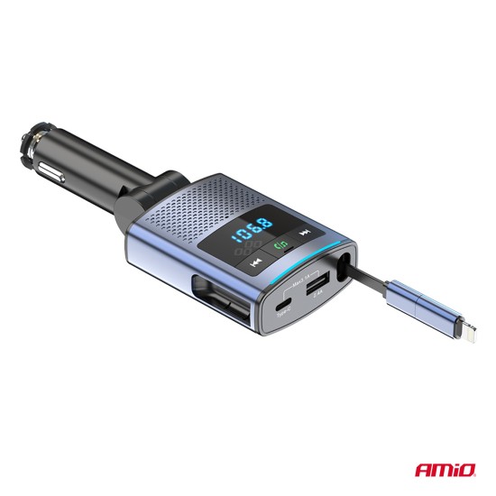 Amio - FM Transmitter Αυτοκινήτου 12/24V με 1xUSB Type-A, 1xUSB Type-C και Ενσωματωμένο Καλώδιο Φόρτισης Type-C - 1 τεμ. (04656/AM)