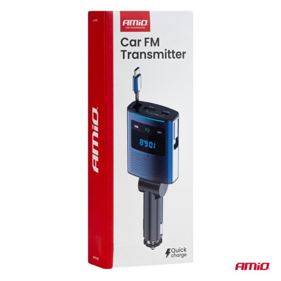 Amio - FM Transmitter Αυτοκινήτου 12/24V με 1xUSB Type-A, 1xUSB Type-C και Ενσωματωμένο Καλώδιο Φόρτισης Type-C - 1 τεμ. (04656/AM)