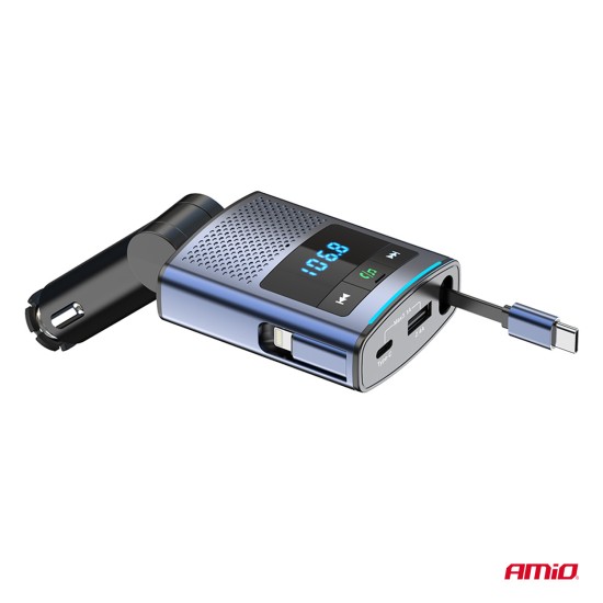 Amio - FM Transmitter Αυτοκινήτου 12/24V με 1xUSB Type-A, 1xUSB Type-C και Ενσωματωμένο Καλώδιο Φόρτισης Type-C - 1 τεμ. (04656/AM)
