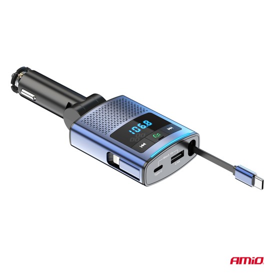 Amio - FM Transmitter Αυτοκινήτου 12/24V με 1xUSB Type-A, 1xUSB Type-C και Ενσωματωμένο Καλώδιο Φόρτισης Type-C - 1 τεμ. (04656/AM)