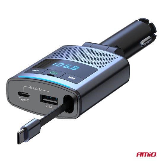 Amio - FM Transmitter Αυτοκινήτου 12/24V με 1xUSB Type-A, 1xUSB Type-C και Ενσωματωμένο Καλώδιο Φόρτισης Type-C - 1 τεμ. (04656/AM)
