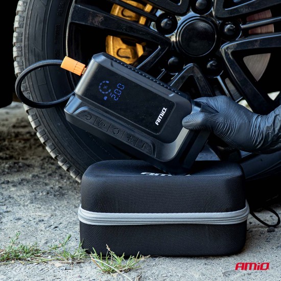 Amio - Φορητός Εκκινητής Μπαταρίας (Jump Starter) 4 σε 1 με ενσωματωμένο Κομπρεσέρ Αέρα, Powerbank και Φακό LED τάση λειτουργίας 12V με χωρητικότητα 12Ah και μέγιστο ρεύμα εκκίνησης 1600A για Επιβατικά Αυτοκίνητα - 1 τεμ. (04677/AM)