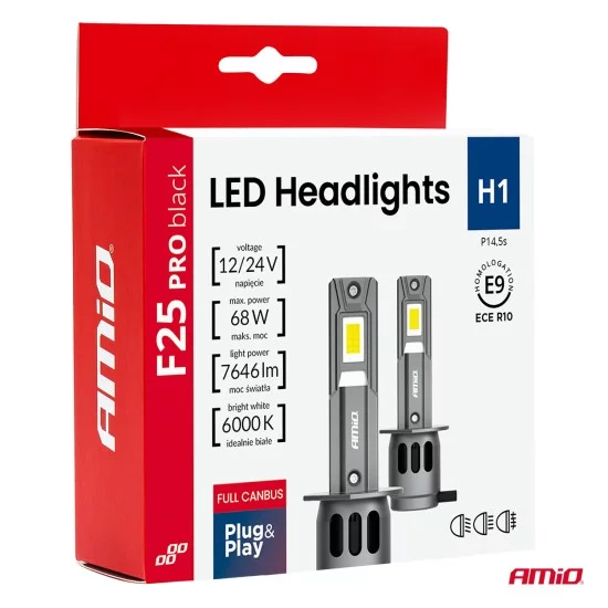 Amio - Λαμπτήρες LED F25 PRO Black Edition H1 68W 12-24V Full CAN Bus με Φωτεινότητα 7646lm σε Ψυχρό Λευκό 6000K για Επιβατικά Αυτοκίνητα & Φορτηγά - Σετ 2 τεμ. (04717/AM)