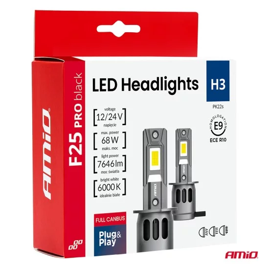 Amio - Λαμπτήρες LED F25 PRO Black Edition H3 68W 12-24V Full CAN Bus με Φωτεινότητα 7646lm σε Ψυχρό Λευκό 6000K για Επιβατικά Αυτοκίνητα & Φορτηγά - Σετ 2 τεμ. (04718/AM)