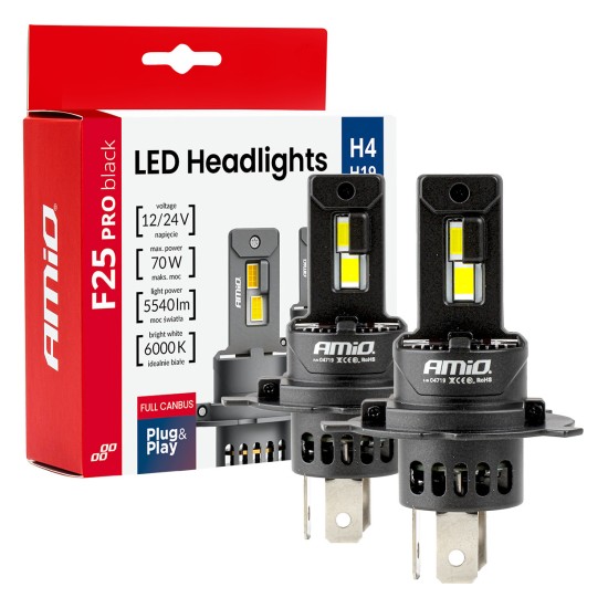 Amio - Λαμπτήρες LED F25 PRO Black Edition H4/H19 70W 12-24V Full CAN Bus με Φωτεινότητα 8000lm σε Ψυχρό Λευκό 6000K για Επιβατικά Αυτοκίνητα & Φορτηγά - Σετ 2 τεμ. (04719/AM)