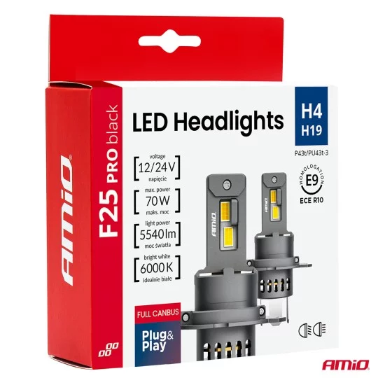 Amio - Λαμπτήρες LED F25 PRO Black Edition H4/H19 70W 12-24V Full CAN Bus με Φωτεινότητα 8000lm σε Ψυχρό Λευκό 6000K για Επιβατικά Αυτοκίνητα & Φορτηγά - Σετ 2 τεμ. (04719/AM)