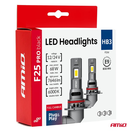 Amio - Λαμπτήρες LED F25 PRO Black Edition HB3 (9005) 68W 12-24V Full CAN Bus με Φωτεινότητα 7646lm σε Ψυχρό Λευκό 6000K για Επιβατικά Αυτοκίνητα & Φορτηγά - Σετ 2 τεμ. (04722/AM)
