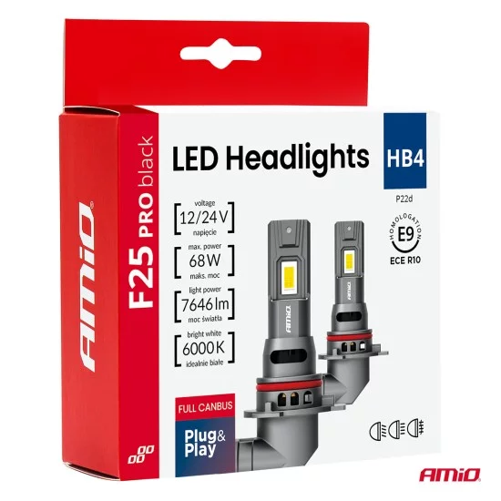 Amio - Λαμπτήρες LED F25 PRO Black Edition HB4 (9006) 68W 12-24V Full CAN Bus με Φωτεινότητα 7646lm σε Ψυχρό Λευκό 6000K για Επιβατικά Αυτοκίνητα & Φορτηγά - Σετ 2 τεμ. (04723/AM)