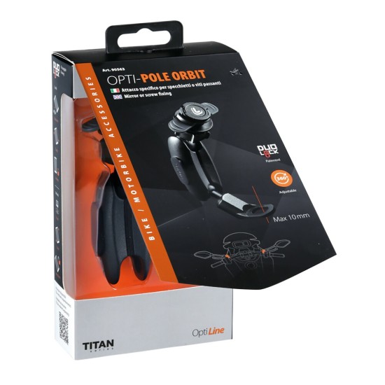 Βάση Στήριξης Κινητού Pole Orbit της σειράς Titan Optiline για τις Βάσεις των Καθρεπτών Μηχανής με διάμετρο 10 mm, επιμυκημένο βραχίονα και σύστημα Duolock, συμβατή με Θήκες ή Αντάπτορες Κινητού Optiline