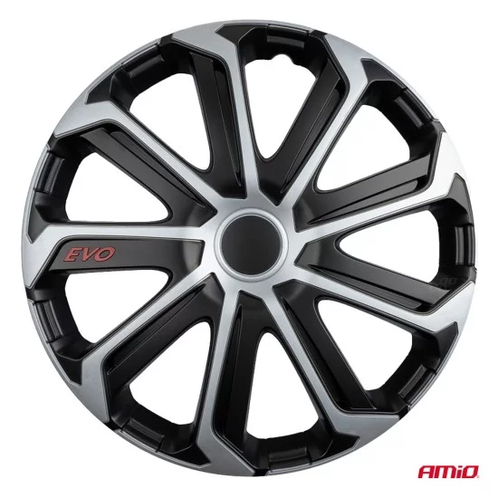 Amio - Σετ Τάσια Τροχών 14'' ιντσών, Μοντέλο EVO, Χρώμα Μαύρο / Ασημί – Σετ 4 τεμαχίων σε Κουτί (9740/AM)