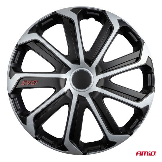 Amio - Σετ Τάσια Τροχών 15'' ιντσών, Μοντέλο EVO, Χρώμα Μαύρο / Ασημί – Σετ 4 τεμαχίων σε Κουτί (9757/AM)