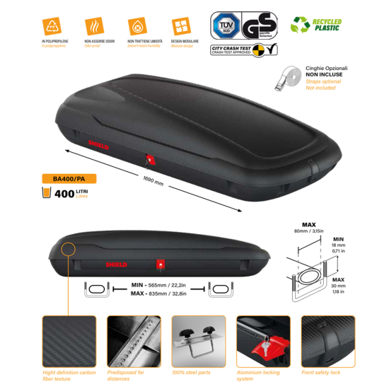 ArtPlast - Μπαγκαζιέρα Οροφής 400 lt Carbon με Διάσταση 169 x 79 x 37,5 cm σε Μαύρο/Ανάγλυφο χρώμα για Επιβατικά Αυτοκίνητα - 1 τεμ. (BA400/PA)