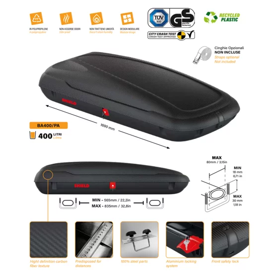 ArtPlast - Μπαγκαζιέρα Οροφής 400 lt Carbon με Διάσταση 169 x 79 x 37,5 cm σε Μαύρο/Ανάγλυφο χρώμα για Επιβατικά Αυτοκίνητα - 1 τεμ. (BA400/PA)