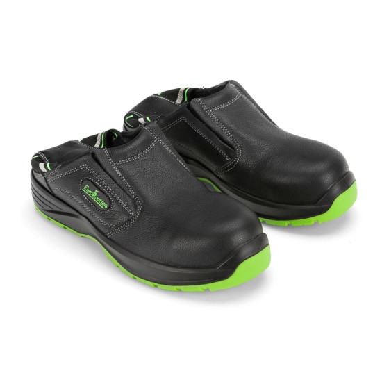 Πιστοποιημένα Παπούτσια Ασφαλείας Εργασίας Hybrid από την Euroroutier σε μέγεθος EU45/UK10.5 σε Μαύρο με Πράσινο Lime Χρώμα με Αναδιπλούμενη Φτέρνα για να Φοριούνται ως Παπούτσια ή ως Σαμπό