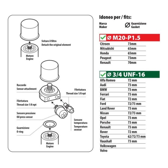 ΑΝΤΑΠΤΟΡΑΣ ΓΙΑ ΠΙΕΣΗ & ΘΕΡΜΟΚΡΑΣΙΑ ΛΑΔΙΟΥ OIL FILTER CONNECTOR KIT 2in1 M20-P1.5mm/3/4 UNF-16 LAMPA - 1 τεμ.
