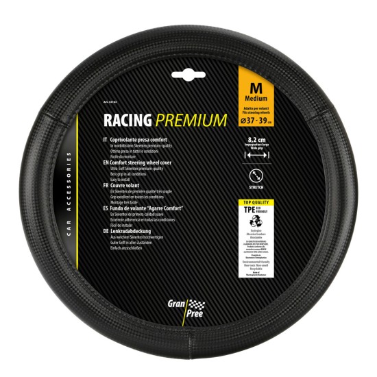 ΚΑΛΥΜΜΑ ΤΙΜΟΝΙΟΥ RACING PREMIUM BLACK (Μ) 37/39cm ΣΥΝΘΕΤΙΚΟ ΔΕΡΜΑ SKEENTEX ΜΑΥΡΟ/CARBON LOOK LAMPA  - 1 ΤΕΜ.