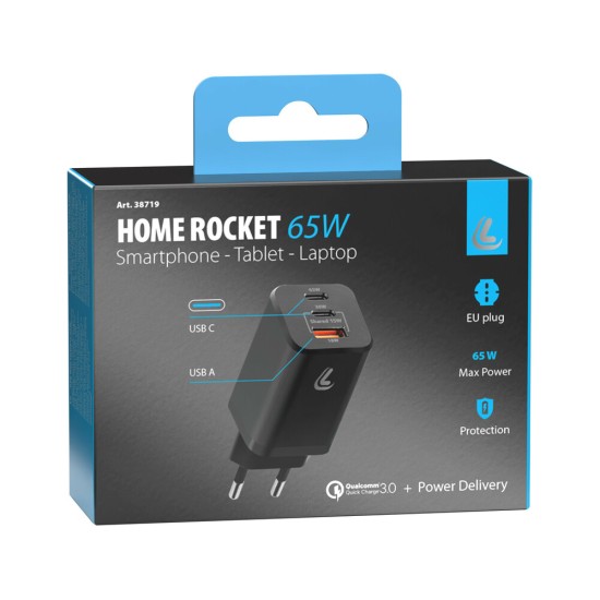 ΦΟΡΤΙΣΤΗΣ ΜΕ ΟΙΚΙΑΚΗ ΠΡΙΖΑ HOME ROCKET 65W 100/230V 65W ΜΕ 3 ΘΥΡΕΣ USB (USB-A+USB-Cx2) QUICK CHARGE LAMPA - 1 ΤΕΜ.