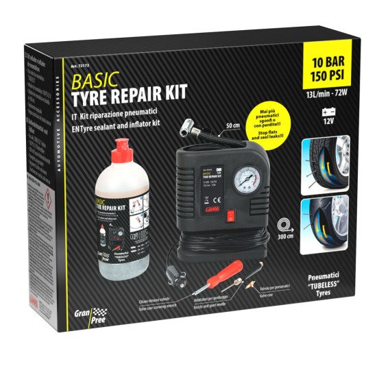 ΚΟΜΠΡΕΣΕΡ ΑΕΡΑ BASIC TYRE REPAIR KIT ΜΕ ΥΓΡΟ ΕΠΙΣΚΕΥΗΣ ΕΛΑΣΤΙΚΩΝ 500ml ΜΕ ΜΑΝΟΜΕΤΡΟ 12V 300cmΚΑΛΩΔΙΟ LAMPA - 1 Tεμ.