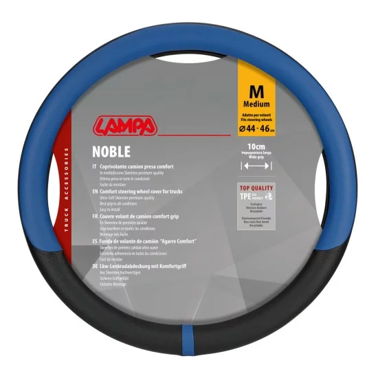 Lampa - Κάλυμμα Τιμονιού Φορτηγού NOBLE από Skeentex M 44-46εκ. Άοσμο Μαλακό αντιολισθητικό εύκολη τοποθέτηση φαρδιά λαβή 10εκ. Μαύρο / Μπλε - 1 τεμ. (L9708.5)