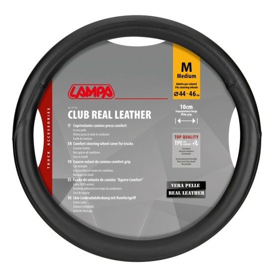 Lampa - Κάλυμμα Τιμονιού Φορτηγού Club γνήσιο δέρμα M 44-46εκ. Άοσμο Μαλακό εύκολη τοποθέτηση φαρδιά λαβή 10εκ. Μαύρο - 1 τεμ. (L9716.4)