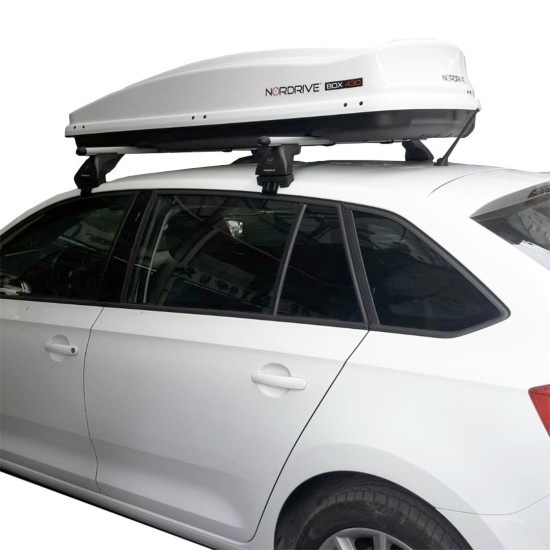 KIT ΜΕ ΜΠΑΡΕΣ ΟΡΟΦΗΣ ΓΙΑ SKODA RAPID SPACEBACK 5D 2013> ΑΛΟΥΜΙΝΙΟΥ & ΜΠΑΓΚΑΖΙΕΡΑ BOX 430 LT (ΛΕΥΚΗ-ΑΣΠΡΗ/ΓΥΑΛΙΣΤΕΡΗ) NORDRIVE